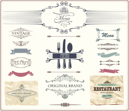Vintage menu design elements featuring fleur-de-lis scrolls