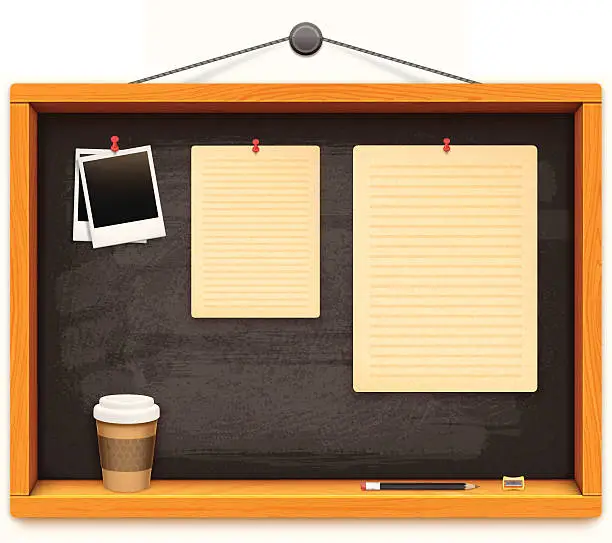 Vector illustration of school blackboard with papers pencil and cofee cup