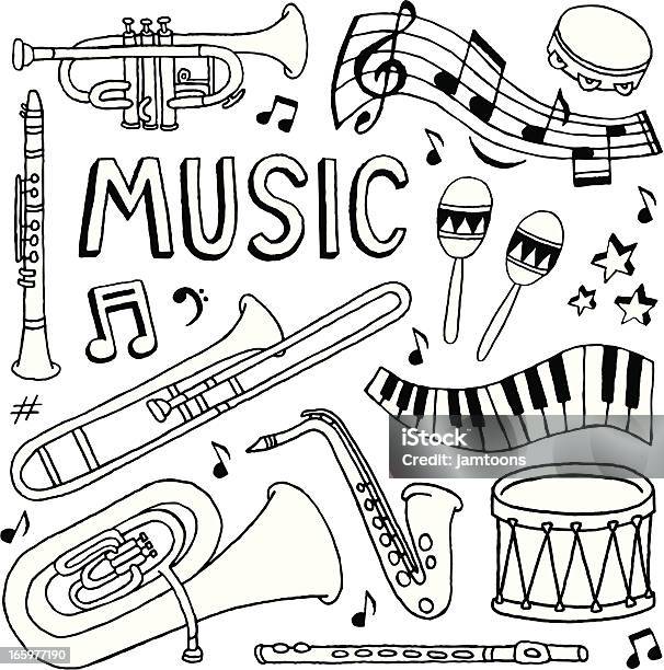Musik Und Kritzeleien Stock Vektor Art und mehr Bilder von Zeichnung - Zeichnung, Note, Musikinstrument