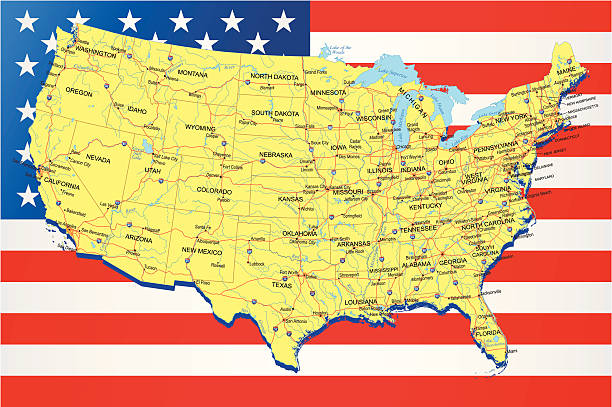 USA - Highway Map on American Flag Background Highly detailed map of United States with roads, states, big cities, rivers and some other objects on american flag background north carolina us state stock illustrations