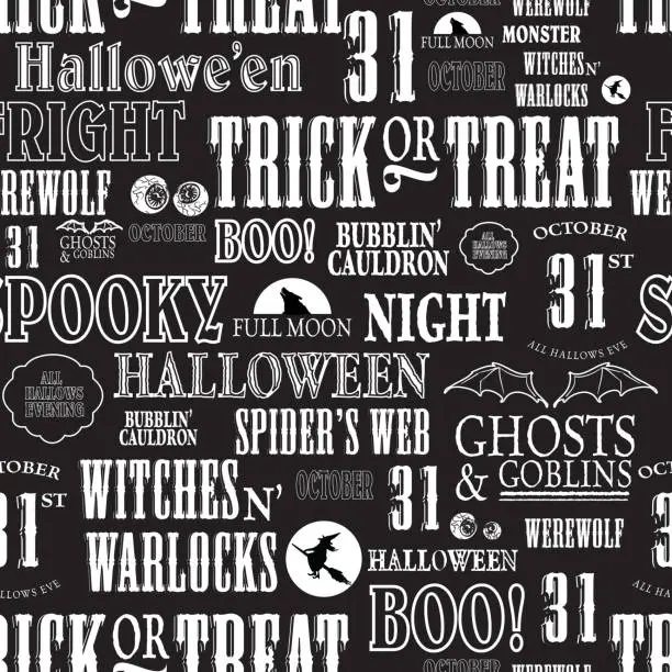 Vector illustration of Hallowe'en themed words repeating seamless background
