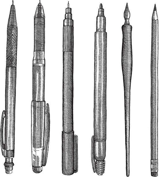 Pens and Pencils Pens and pencils in detailed ink drawing - vector illustration pencil illustrations stock illustrations