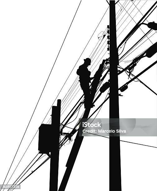 Электрик — стоковая векторная графика и другие изображения на тему Электричество - Электричество, Силуэт, Телефонный столб