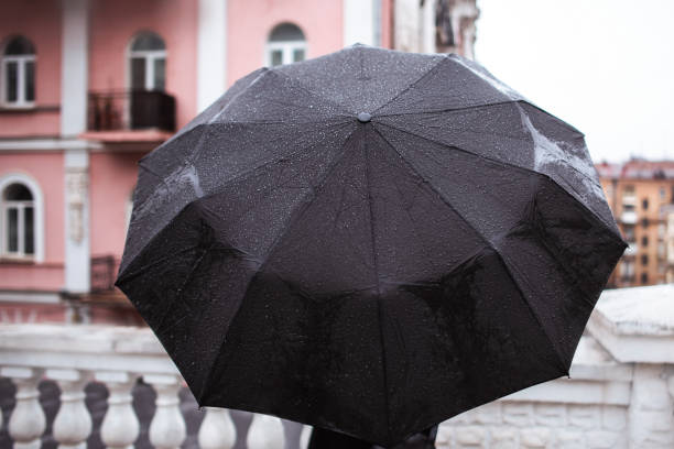istock unknown person standing from behind with black big umbrella on old style buildings 1659773899