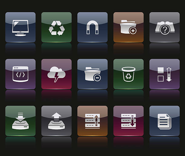 Aqua touch – Implementator icons Vector icons. Each button is provided in 6 color variants. Easy for scaling and recoloring. High resolution "jpg" included. upload surrogate shiny black background stock illustrations