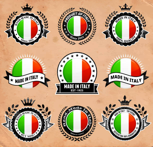 illustrazioni stock, clip art, cartoni animati e icone di tendenza di realizzata in italia con bandiera vettoriale icona set distintivo - made in italy