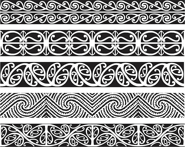 Kowhaiwhai Designs Maori Kowhaiwhai seamless design patterns in black. background of koru designs stock illustrations