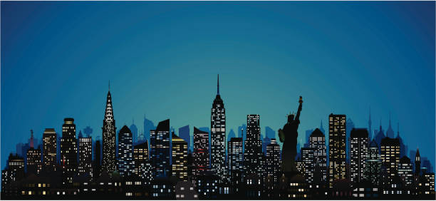 illustrazioni stock, clip art, cartoni animati e icone di tendenza di dettaglio a new york (124 completa, edifici mobile) - new york city panoramic statue of liberty skyline