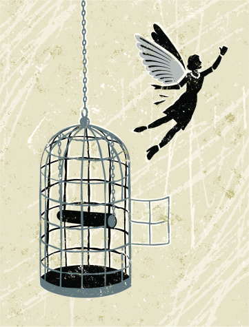 Inspiration!! A stylized vector cartoon of a woman flying to freedom from a birdcage, in the style of an old screen print poster and suggesting achievement, freedom, innovation, inspiration, ideas,new beginnings  creativity, or Escape. Woman, Wings, cage, paper texture, and background are on different layers for easy editing. Please note: clipping paths have been used, an eps version is included without the path.