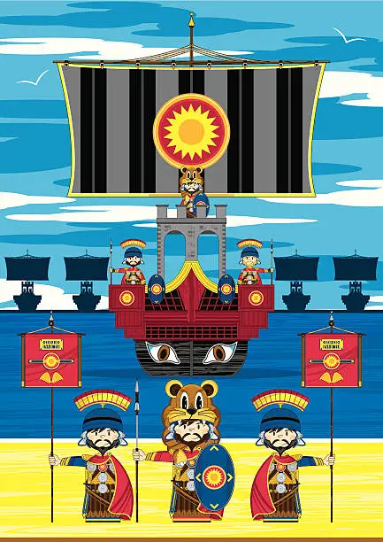 Vector illustration of Roman Soldiers and Ship Scene