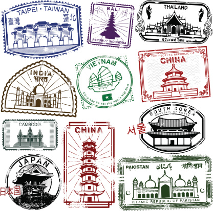 Series of stylized Asian landmark themed passport style stamps. Great for an vintage Asian look and feel.