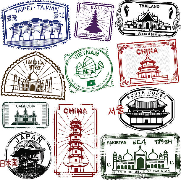Asian Travel Splendor Series of stylized Asian landmark themed passport style stamps. Great for an vintage Asian look and feel. cambodian culture stock illustrations