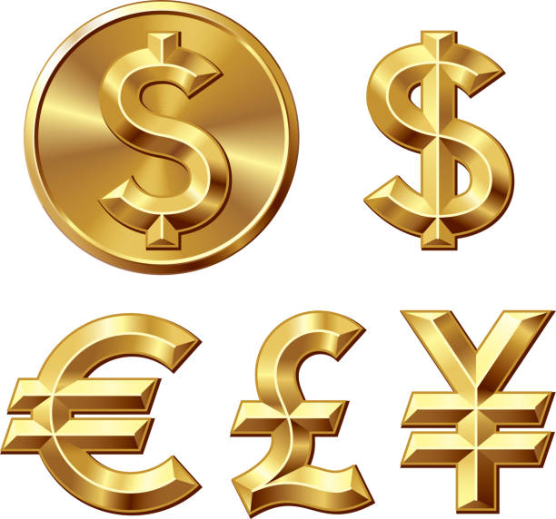 Currency Gold coin with dollar sign. banknote euro close up stock illustrations