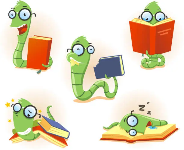 Vector illustration of Bookworm Worm book Story telling Studying Eating Reading set