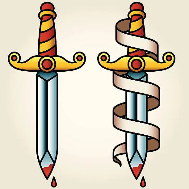 Vector illustration of Classic Sailor-Tattoo Styled Dagger and Banner