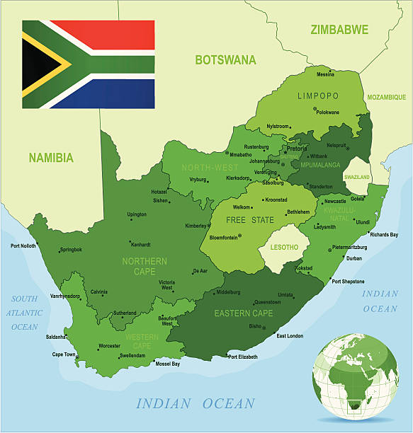 зеленая карта южной африки-штатах, городах и флаг - south africa map africa durban stock illustrations
