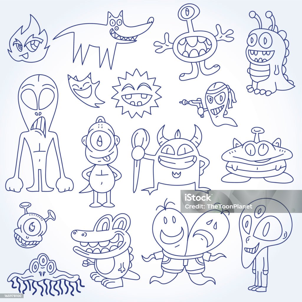 Doodles Aliens &amp; Monsters Vector Illustration Drawing Set This is a cute and funny vector aliens & monster characters illustration set in cartoon and doodle style. Dinosaur stock vector