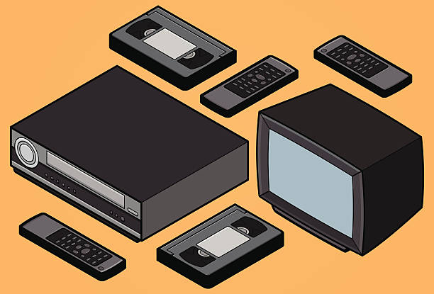 Isometric retro Video Home System - TV, VCR, VHS Retro Video Home System icons / clipart : TV, Television, VCR, Videocassette recorder, VHS and remote control. Outline vector illustration with heavy strokes and flat shapes. old remote control stock illustrations