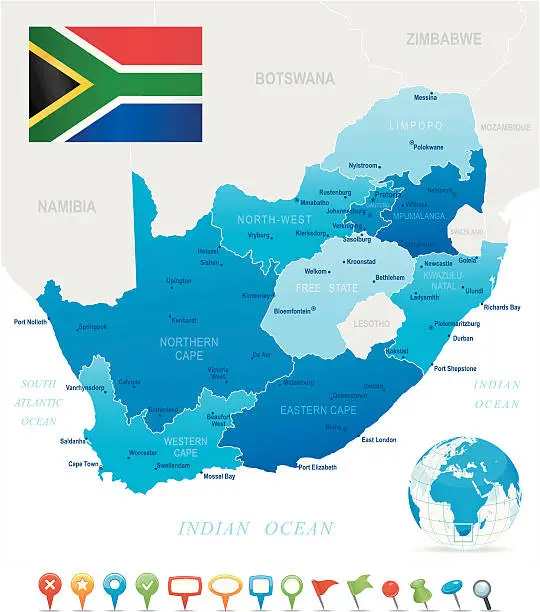 Vector illustration of Map of South Africa - states, cities, flag and icons