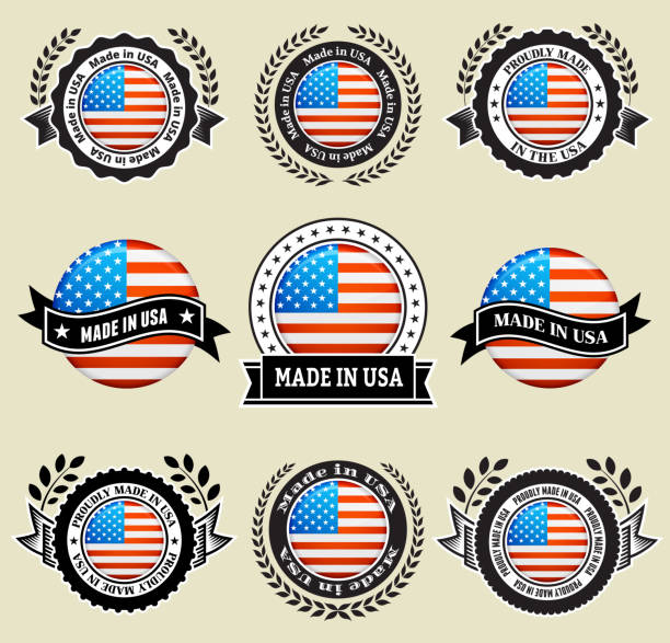illustrazioni stock, clip art, cartoni animati e icone di tendenza di made in the usa patriottica badge vettoriale icona set - made in the usa sign retro revival label
