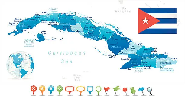 Vector illustration of Map of Cuba - states, cities, flag and navigation icons