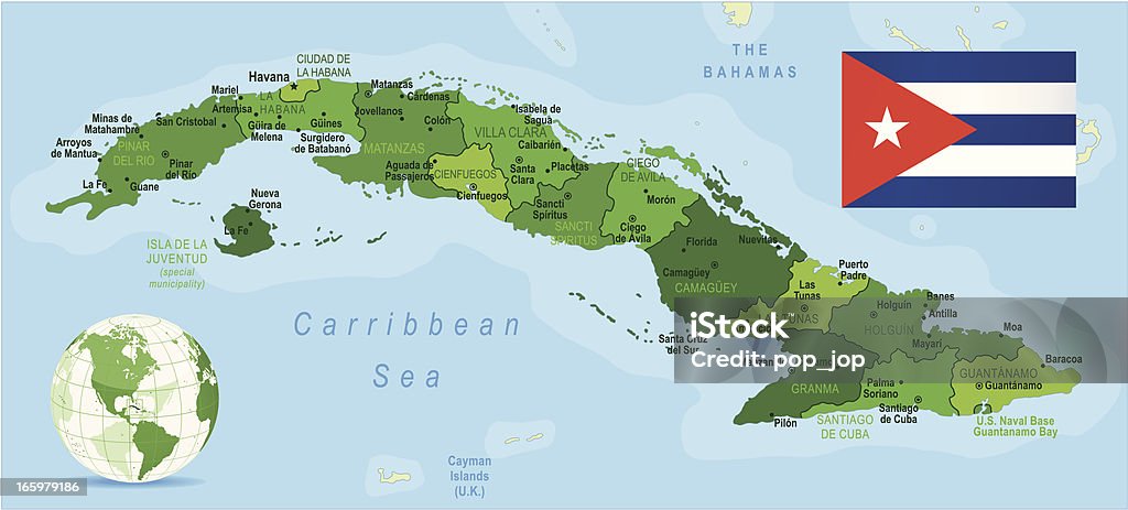 Mapa de Verde de Cuba-Membros, cidades e a bandeira - Vetor de América Central royalty-free