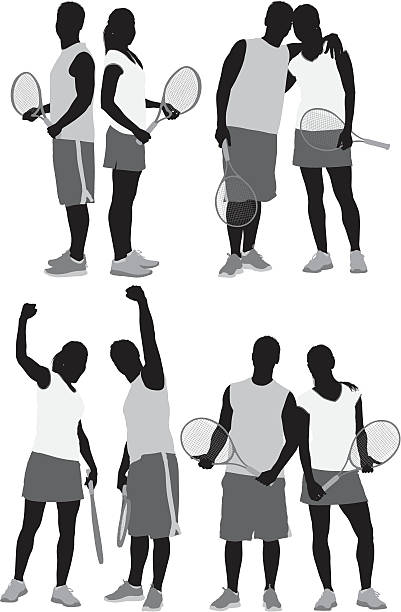 несколько изображения теннис игроки - silhouette tennis racket tennis racket stock illustrations