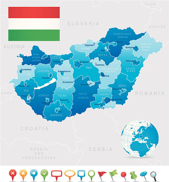 Map of Hungary - states, cities, flag and navigation icons Highly detailed vector map of Hungary with states, capitals and big cities. eger stock illustrations