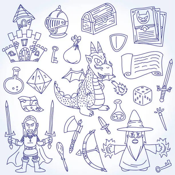 Vector illustration of Doodle Epic and Fantasy Character Vector Outline Drawing Illustration Set