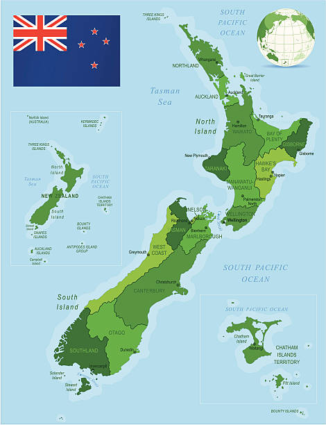 ilustraciones, imágenes clip art, dibujos animados e iconos de stock de green mapa de nueva zelanda, estados unidos, ciudades y bandera - auckland region