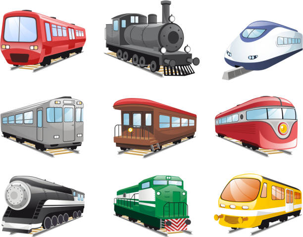 ilustraciones, imágenes clip art, dibujos animados e iconos de stock de colección de trenes - tren