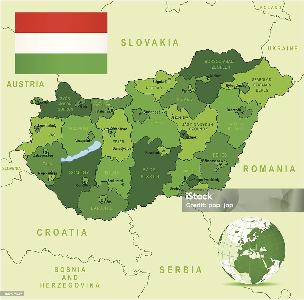 녹색 맵을 헝가리에-주, 도시와 플랙 - 로열티 프리 0명 벡터 아트