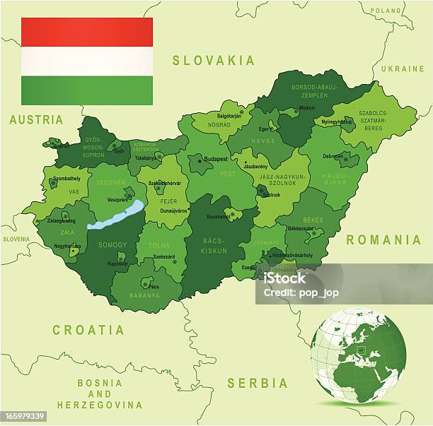 녹색 맵을 헝가리에주 도시와 플랙 0명에 대한 스톡 벡터 아트 및 기타 이미지 - 0명, 관광, 국가 지도