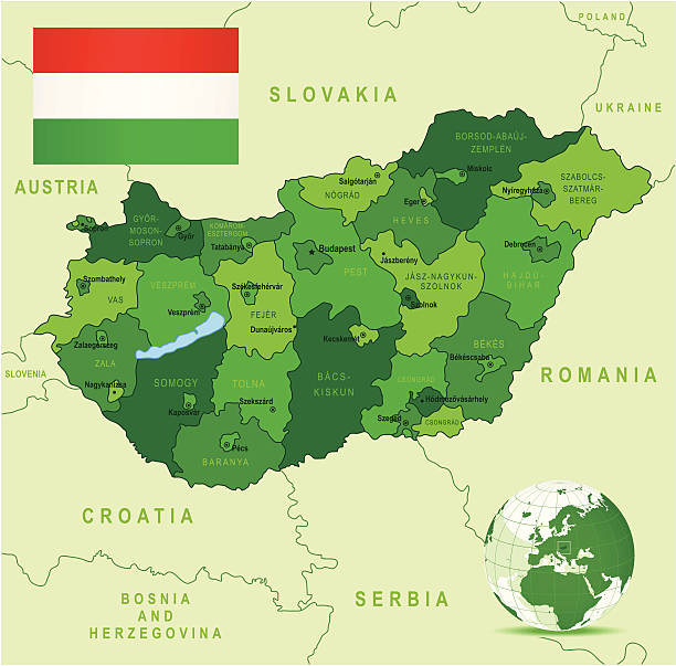Green Map of Hungary - states, cities and flag Highly detailed vector map of Hungary with states, capitals and big cities. eger stock illustrations