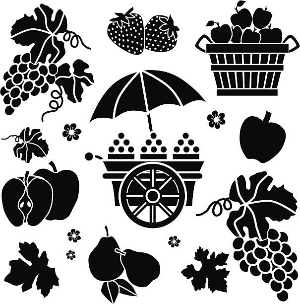 ilustrações, clipart, desenhos animados e ícones de carrinho de frutas com uvas - agriculture autumn apple greengrocers shop