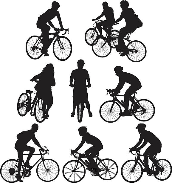 Multiple images of cyclists Multiple images of cyclistshttp://www.twodozendesign.info/i/1.png female mountain biker silhouette stock illustrations