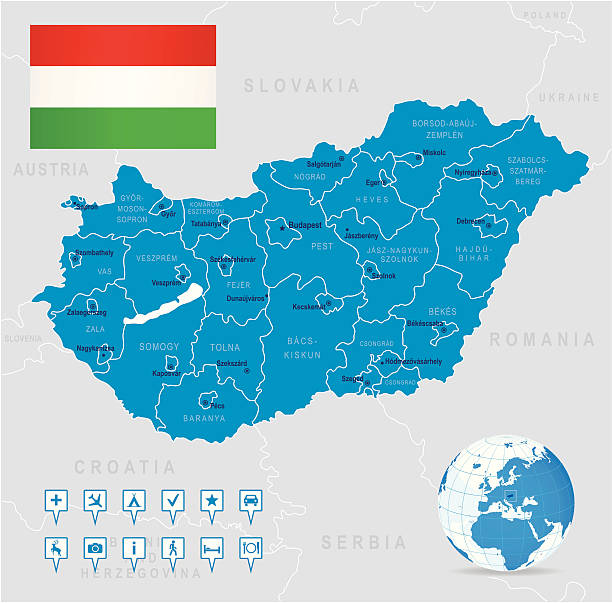 Map of Hungary - states, cities, flag, navigation icons Highly detailed vector map of Hungary with states, capitals and big cities. eger stock illustrations
