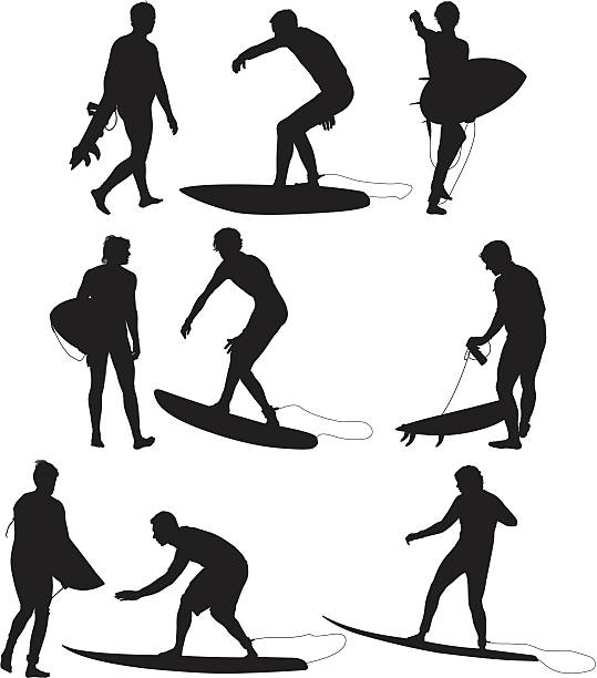 illustrazioni stock, clip art, cartoni animati e icone di tendenza di più immagini di un surfista in azione - one person white background swimwear surfboard