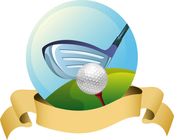 Golf Badge Vector illustration of a Golf badge. A golf club is about to hit a golf ball which is on a tee.  flag golf flag pennant green stock illustrations