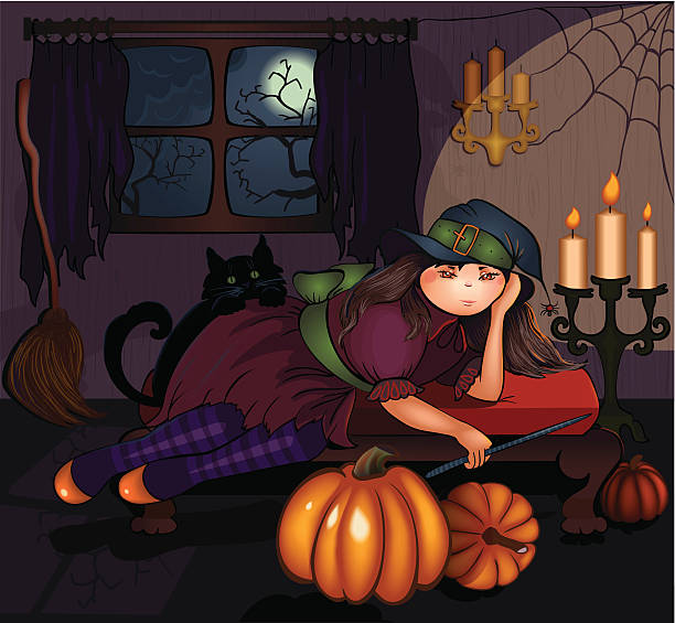 Young witch and her cat are waiting for Halloween night. vector art illustration