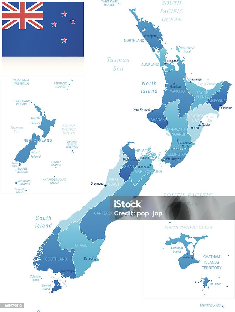 Carte de la Nouvelle-Zélande-membres, villes et drapeau - clipart vectoriel de Nouvelle-Zélande libre de droits