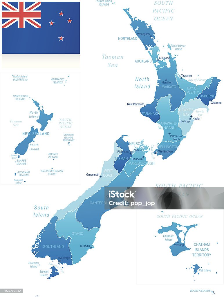 Mappa di Nuova Zelanda-membri, città e bandiera - arte vettoriale royalty-free di Nuova Zelanda