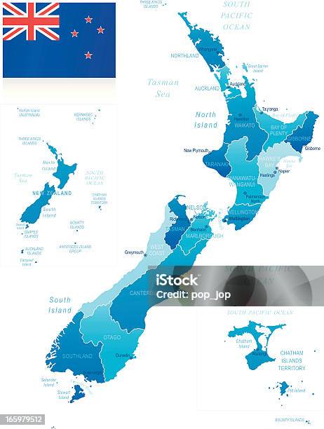 Mappa Di Nuova Zelandamembri Città E Bandiera - Immagini vettoriali stock e altre immagini di Nuova Zelanda - Nuova Zelanda, Carta geografica, Auckland