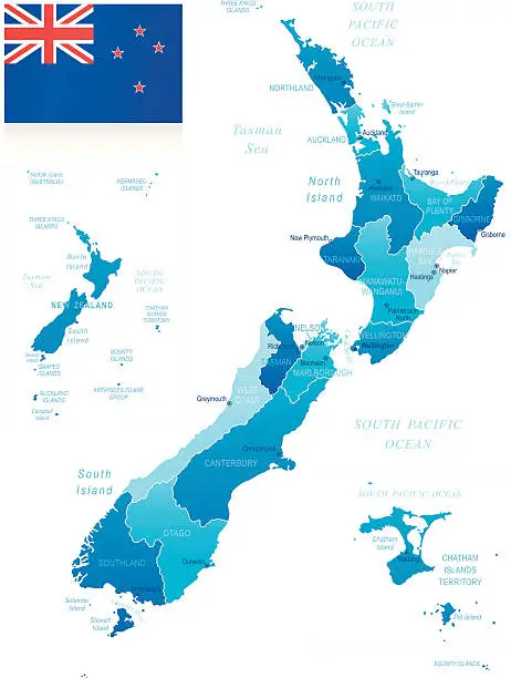 Vector illustration of Map of New Zealand - states, cities and flag