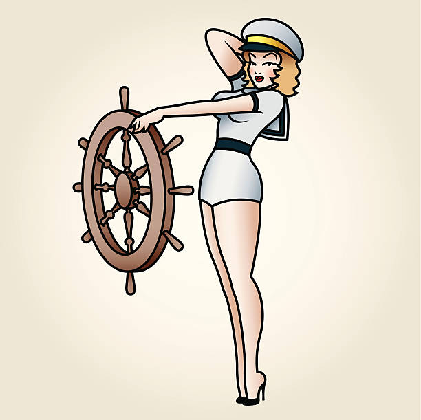 Classic Tattoo Styled Sailor Pin Up A sailor pin-up girl drawn in a simple classic, sailor tattoo style. vintage pin up girl tattoo stock illustrations