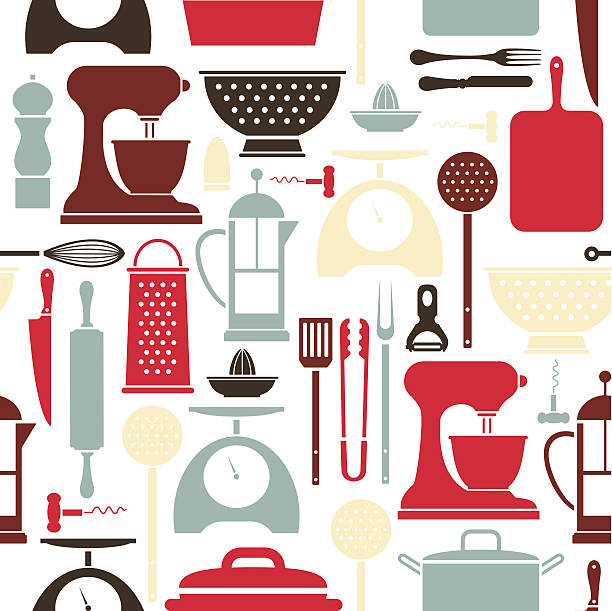 Kitchen Utensil Pattern A repeatable pattern of kitchen utensils. See below for an icon set version of this file.  kitchen silhouettes stock illustrations