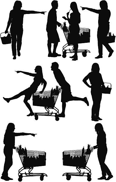 ilustrações de stock, clip art, desenhos animados e ícones de silhueta de pessoas de compras em um supermercado - studio shot white background action activity