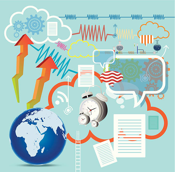 illustrazioni stock, clip art, cartoni animati e icone di tendenza di la tecnologia cloud con globe - document sharing cyberspace data