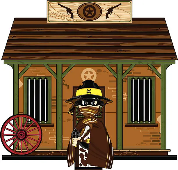 Vector illustration of Cowboy Sheriff in Poncho at Jailhouse