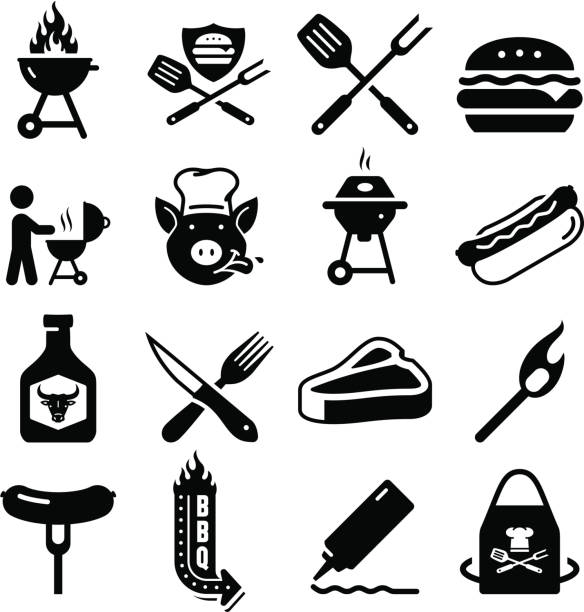 barbecue-icons-schwarz-serie - grill zubereitung stock-grafiken, -clipart, -cartoons und -symbole